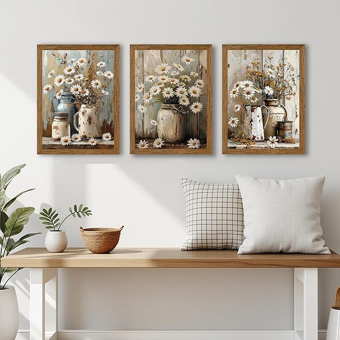 InspiredHues 3 Piece Elegant Farmhouse Canvas Wall Art, Vintage Floral Pictures Wall Decor, Nature Themed Daisy Artwork Prints for Living Room Bedroom Kitchen Home Decoration 12x16 Inch Wood Framed