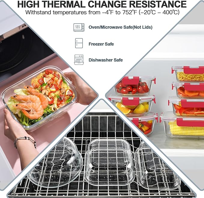 KAMOTA Glass Food Storage Containers, Red Glass Meal Prep Containers, Airtight Containers with Snap-Lock Lids, Set of 12, for Microwave/Oven/Freezer/Dishwasher