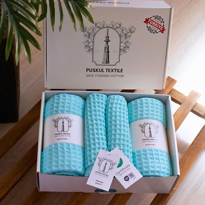 PÜSKÜL - Premium Waffle Towel Set 4 Pieces Turquoise - Organic 100% Turkish Cotton Quick-Dry Towels for Bathroom Made in Turkiye (Turquoise, Towel Set - 2 Hand & 2 Bath Towels)