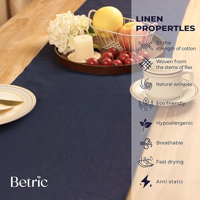 Small Coffee Farmhouse Table Runner for Fall, Thanksgiving, Christmas, and Winter - Athena - 100% Pure Linen - 14 x 48 Inches - Navy