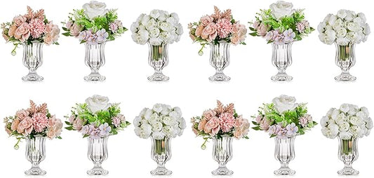 Glasseam Glass Vases for Centerpieces, Modern Compote Crystal Small Vase Set of 12, Pedestal Clear Vases for Decor, Unique Wedding Table Dining Room Decorations, 5.7in
