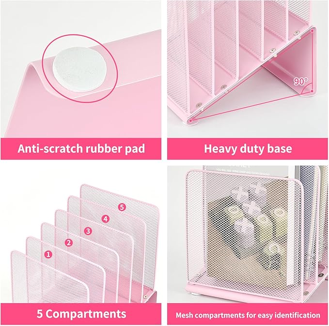 File Organizer for Desk, Desk Organizer with 5-Section Vertical File Rack, File Folder Organizer, Desk Accessories & Workspace Organizers (Pink)