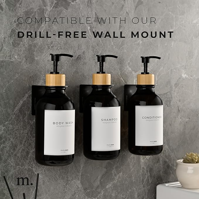 MaisoNovo Refillable Shampoo and Conditioner Bottles | 16.9 fl oz Set of 3 Black Plastic Bottles Black Bamboo Pumps