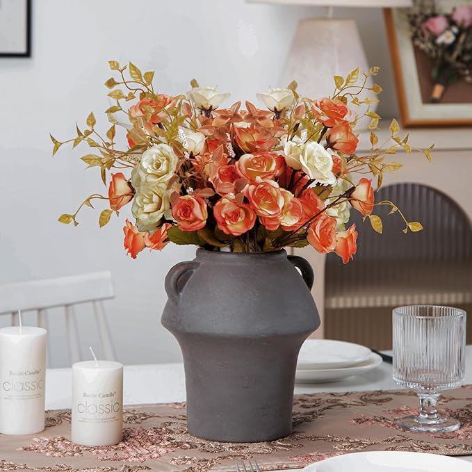 Terracotta Vases, 7 Inch Ceramic Rustic Vase, Vases with Handle for Flower, Vintage Pottery Vases Home Decor, Christmas Decorative Farmhouse Vase for Shelf Decor, Farmhouse, Table, Lyeec