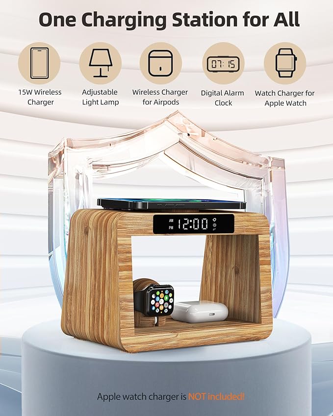 Bamboo Wireless Charging Station,Wireless Charger with Digital Alarm Clock and Night Light,Fast Charger Stand Compatible with iPhone17/16/15/14/13/12/11 Pro Max/X/Xs/AirPods Pro/iWatch Series