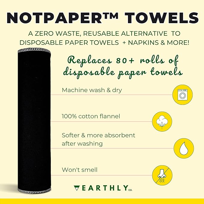 Reusable Paper Towels - 10 Pack - Roll of Washable Cotton Cloth Paper Towels - Paperless Reusable Napkins Cloth Washable - Absorbent + Long Lasting - Zero Waste Products - (Black Tie)