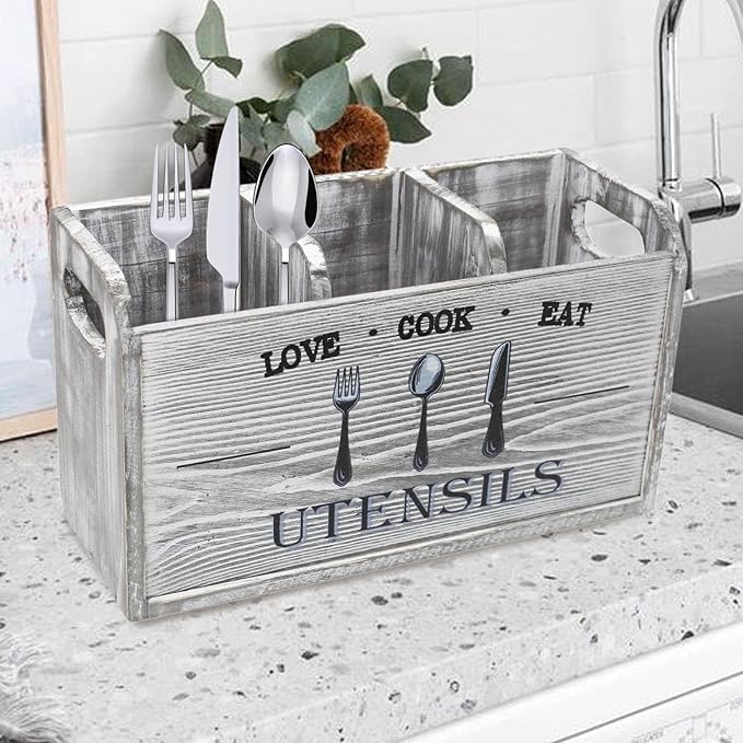 Fenteer Kitchen Utensil Holder Storage Crock Vintage Accessories Wooden Utensil Organizer Cutlery Box for Counter Hotels Restaurants, Gray