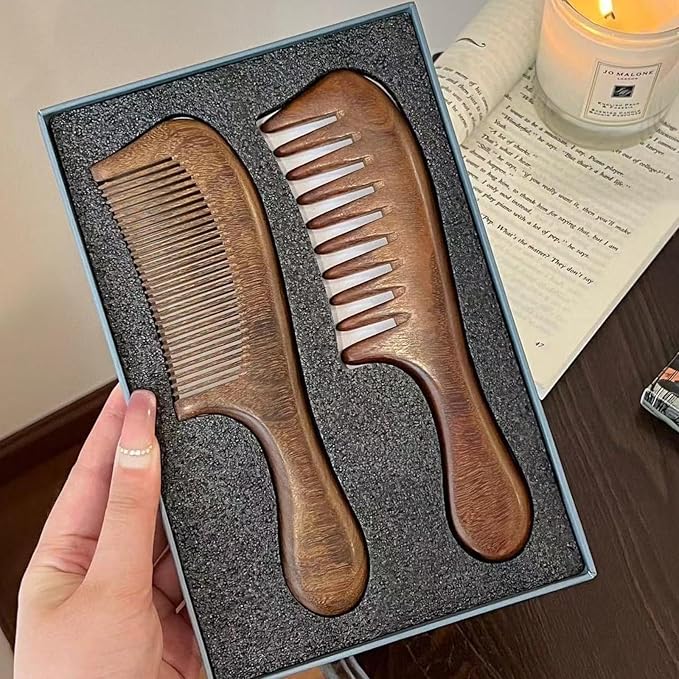 Letyvba Walnut Hair Comb, Wooden Comb for Women, Premium Antistatic Walnut 2-Piece Comb Set - Wide and Fine Tooth. For Women and Men with Curly, Wet, Long, Dry, or Thin Hair