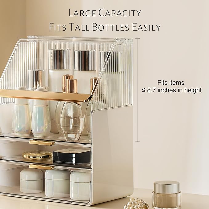JOYMOOP Makeup Organizer with Transparent Cover, Skincare, Lipstick and Perfume Storage, Cosmetic Organizer, Makeup Box for Bathroom Countertop or Vanity Desk, White & Gold