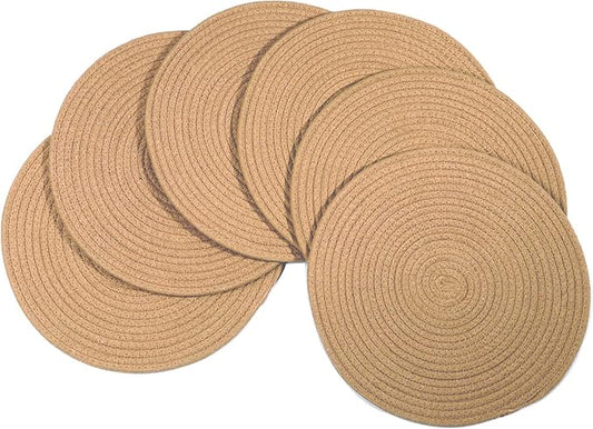 6 Pack Round Woven Placemats,13.8 inch Plate Chargers Brown Jute Thick Place Mats Cotton Jute Rope Braided Tablemats Rattan Tablemats Weave Placemats for Dining Table