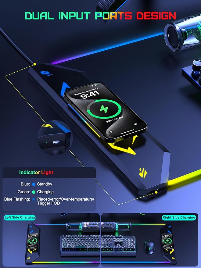 TopMade Wireless Charging Mouse Pad, RGB Gaming Mousepad, 35.4" x 15.8" Extra Large Waterproof Keyboard Desk Pad, Cool Computer Desk Mat, Black (Includes 20W PD Power Adapter & 6.56ft Woven Cable)