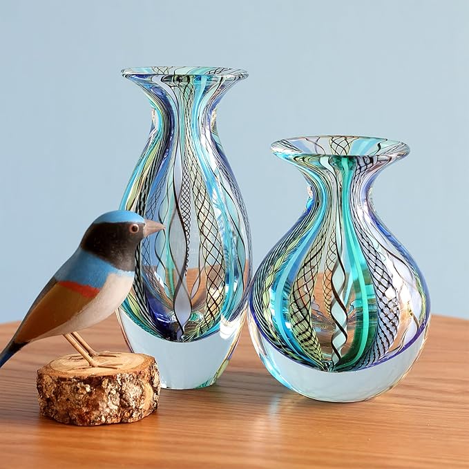 Ca D Oro Small Glass Vase Boho with Blue/Green Canes Hand Blown Murano-Style Art Glass - Model Nº 2