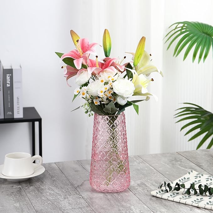 Glass Vase, Pink Flower Vase for Bouquet, Large Glass Vases for Flowers, Modern Vases for Living Room, Bedroom, Dining Table, Office, Kitchen, Wedding, 9 Inches