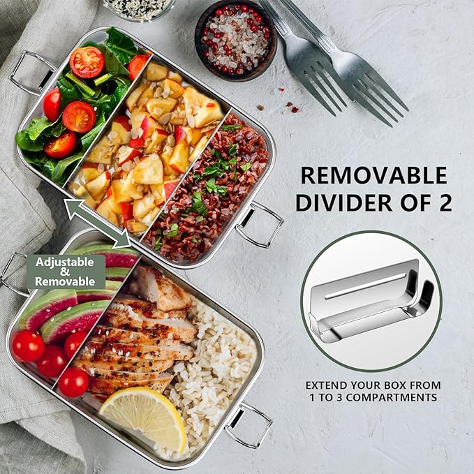 Leonyo 2 Pack 47oz 18/10 Stainless Steel Lunch Box, 1400ml Metal Bento Box for Adults with 2 Dividers, Leak-Proof Bento Snack Containers for Women Man, Dishwasher Safe, Oven Safe Except for Lid