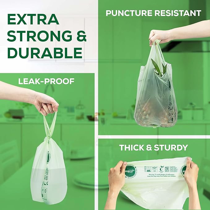 ANECO 100% Compostable Food Waste Bags 2.6 Gallon With Handles, Small Compost Bags for Countertop Bin, OK Compost HOME & BPI Certified Compostable Kitchen Food Waste Bag (45 Count)