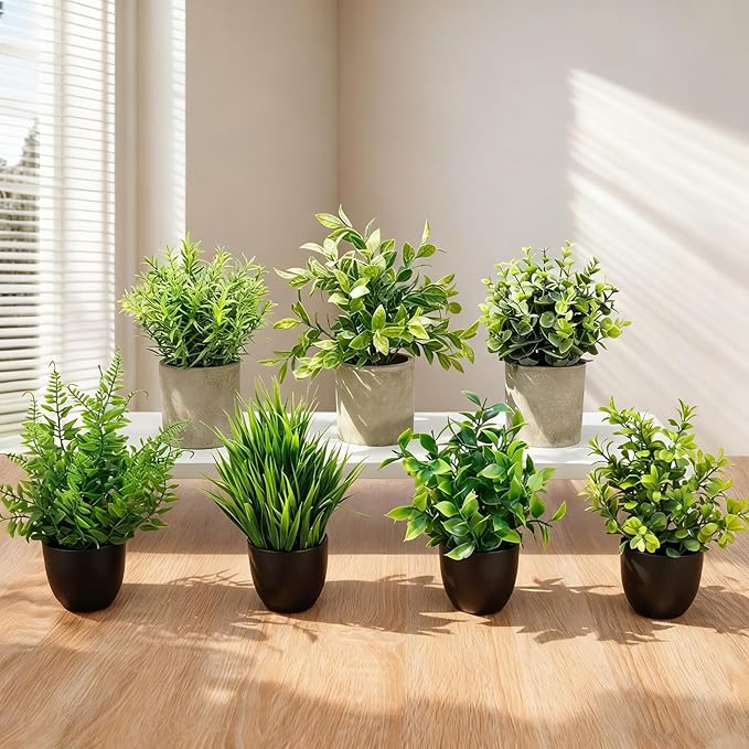 Artificial Potted Plants Faux Greenery in Cement Pots for Shelf, Bookshelf, Office or Home Decor, Small Decorative Fake Plants for Modern Indoor Display (7, XXL)