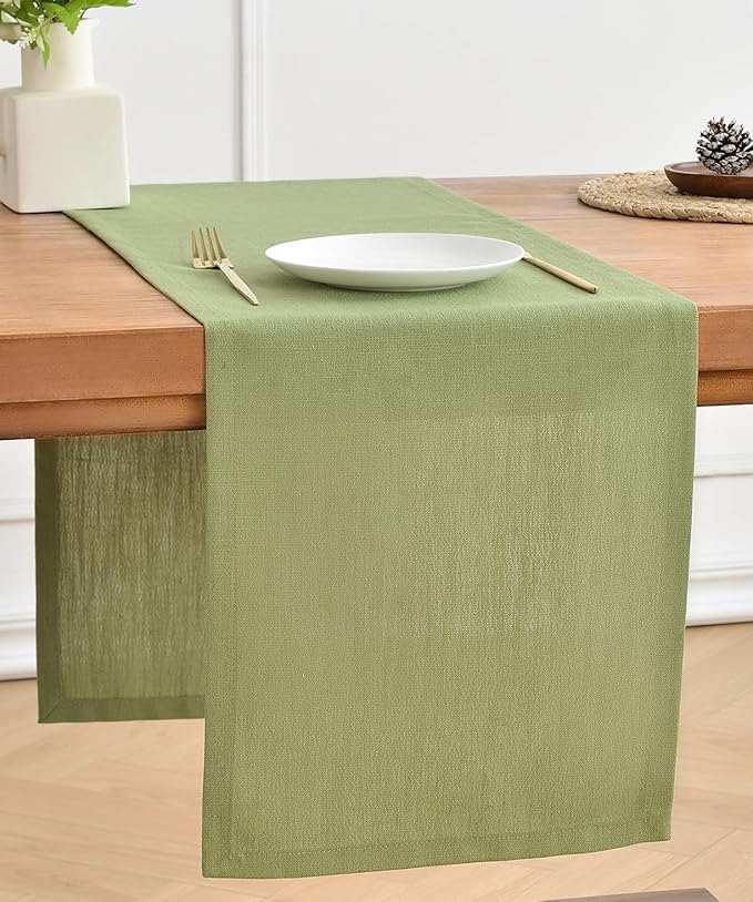 Wracra Linen Style Table Runner, Rustic Farmhouse Sage Green Table Runners 108 Inches Long, Handcrafted Table Runner for Fall, Winter - Everyday Use and Machine Washable