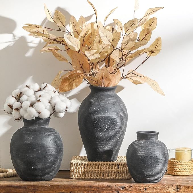 Ceramic Flower Vase Home Decor - Small Farmhouse Table Vases Rustic Vintage Living Room Kitchen Bedroom Decorations for House Book Shelf Office Coffee Desk Dining Fireplace (6" Black)