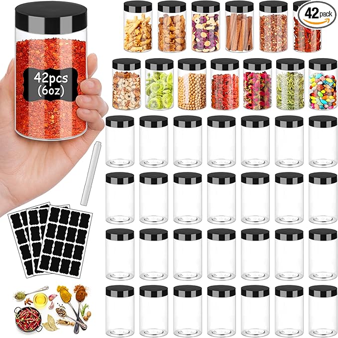 Plastic Jars with Lids 6OZ 42PCS Small Empty Slime Cosmetics Containers Clear Gift Food Jars Round PET Cream Jars with Black Lids Pen Labels for Kitchen Storage Spices Dry Food Body Butter