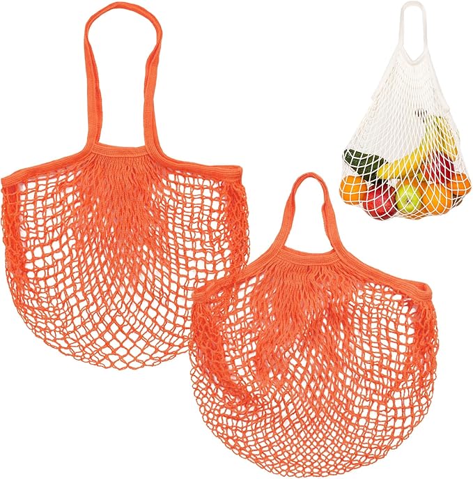 2-Pack Cotton Mesh Bag, Reusable Washable Mesh Net String Grocery Bags, Reusable Produce Bags with Handle, Net Tote Bag for Fruits/Vegetables Shopping [Orange, Long&Short Handle]