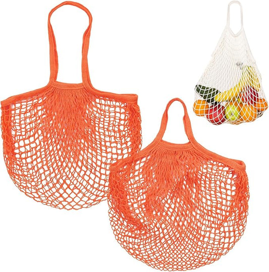 2-Pack Cotton Mesh Bag, Reusable Washable Mesh Net String Grocery Bags, Reusable Produce Bags with Handle, Net Tote Bag for Fruits/Vegetables Shopping [Orange, Long&Short Handle]