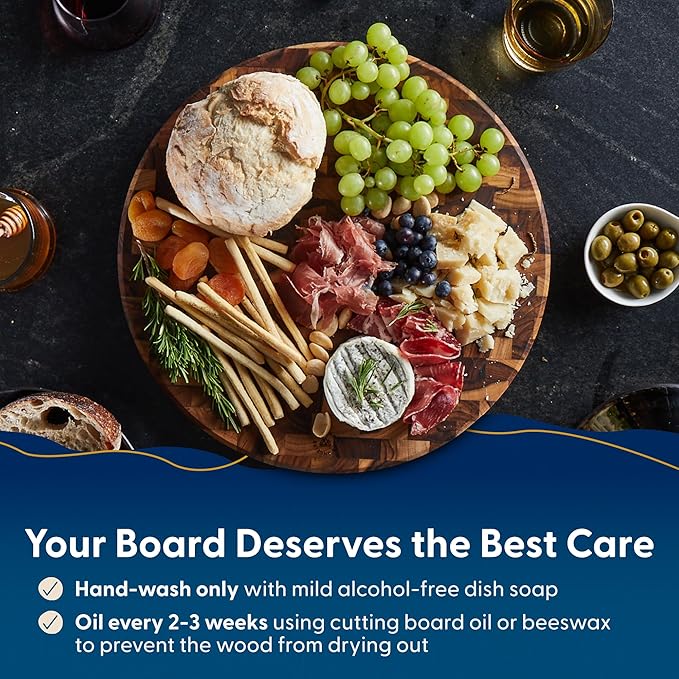 Sonder LA, End Grain Teak Wood Cutting Board 15" Round 1.5" Thick with Juice Groove and Built-in Handles, Charcuterie Serving Board (Gift Box Included)