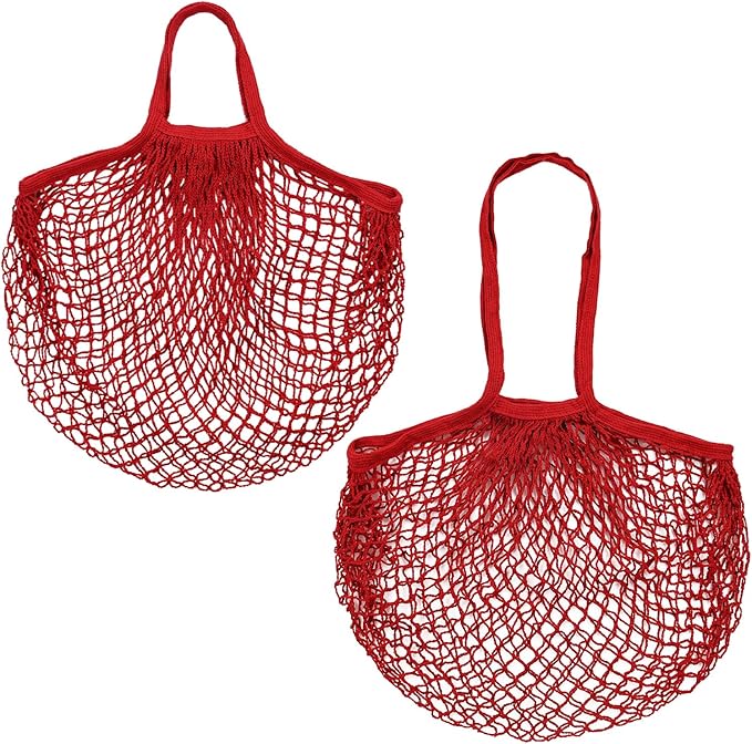 2-Pack Cotton Mesh Bag, Reusable Washable Mesh Net String Grocery Bags, Reusable Produce Bags with Handle, Net Tote Bag for Fruits/Vegetables Shopping [Red, Long&Short Handle]