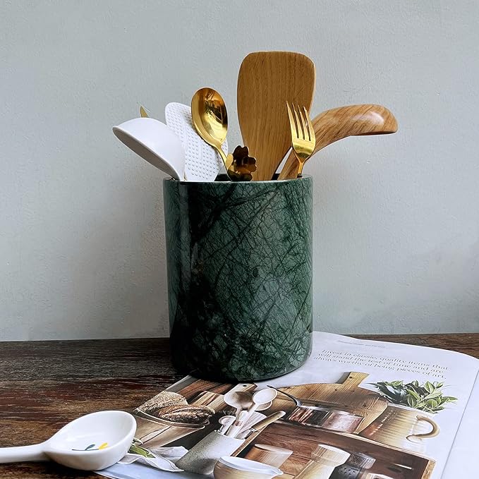 Handmand Natural Marble Stone Vintage Kitchen Utensil Holder - 5.1" D X 6.3" H Kitchen Counter Organizers and Storage Tool Crock (Indian Green)