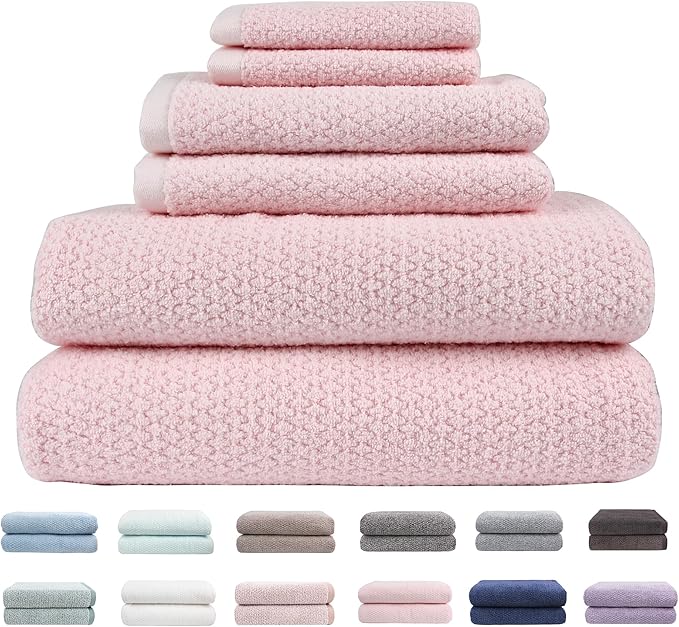 Everplush Diamond Jacquard 6 Pieces Bath Towel Set, Luxury Super Soft Oversized Towels, Highly Absorbent Diamond Jacquard Quick Dry Bath Towel for Bathroom Pink