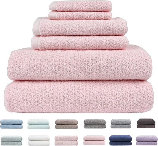 Everplush Diamond Jacquard 6 Pieces Bath Towel Set, Luxury Super Soft Oversized Towels, Highly Absorbent Diamond Jacquard Quick Dry Bath Towel for Bathroom Pink