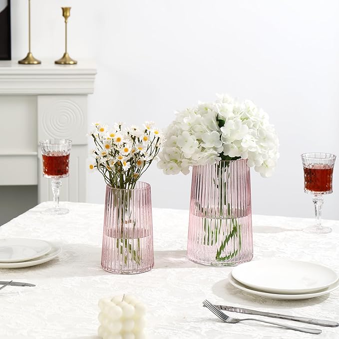 Ribbed Flower Vases Set of 2, Pink Vases for Flowers, Flower Vase for Bouquet, Modern Ribbed Glass Vase for Living Room, Bedroom, Dining Table, Office, Wedding, Centerpieces