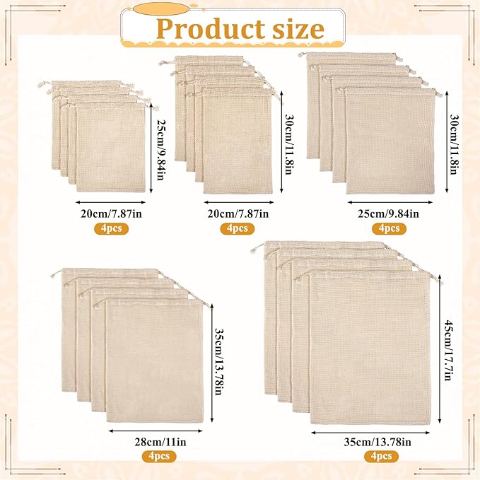 20 Pack Reusable Cotton Mesh Produce Bags Washable Grocery Vegetable Bags with Drawstring Farmers Market Bag for Grocery Shopping Fruits Storage Transporting Storing (4XXL,4XL,4L,4M,4S)