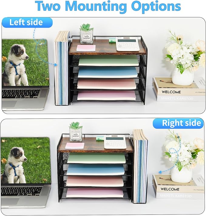 OPNICE 5-Tier Paper Organizer with Magazine Holder, Desk Organizers and Accessories, Office Desk Accessories & Workspace Organizers, Desktop File Organizer for Office Supplies Storage, Brown