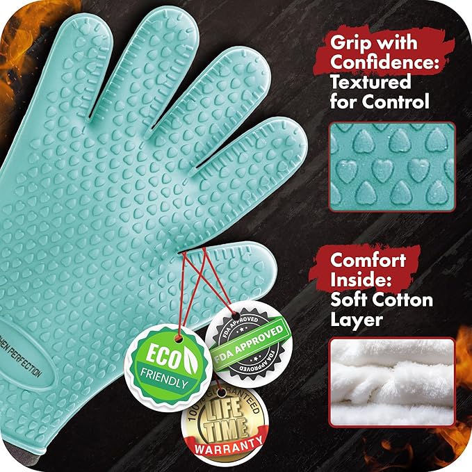 KITCHEN PERFECTION XL Silicone Smoker Oven Gloves -Extreme Heat Resistant BBQ Gloves -Handle Hot Food Right on Your Grill Fryer & Pit | Waterproof Oven Mitts Grill Gloves |Superior Value Set+3 Bonuses