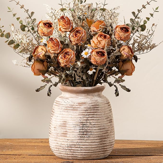 Ceramic Small Flower Vase, 6“ Rustic Farmhouse Vases Home Decor, Short Pottery Decorative Pampas Vase for Table Living Room Entryway Mantel Bookshelf Bedroom Bathroom Kitchen-Rustic