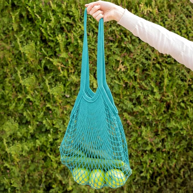 2-Pack Reusable Mesh Grocery Bags, Cotton String Storage Organizer Shopping Bags Washable Produce Bag with Long Handle Portable Net Tote Bag for Vegetables Fruit Farmers Market Shopping