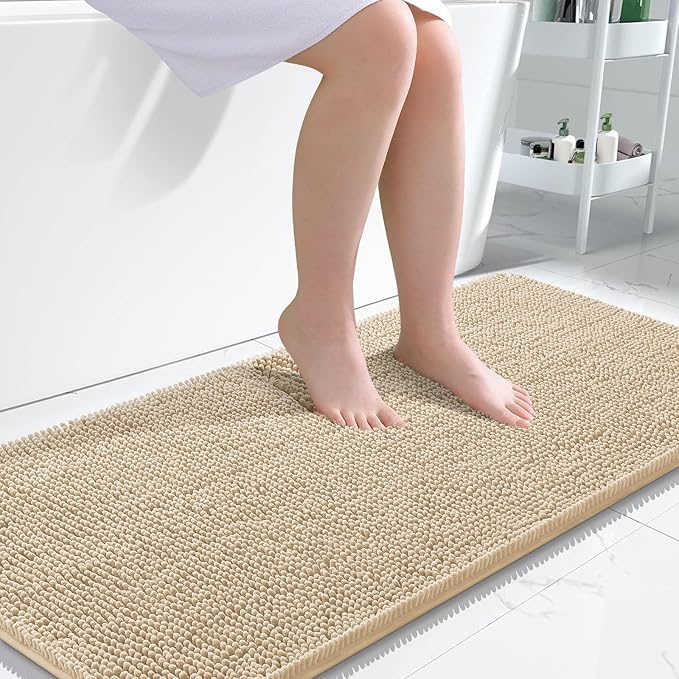 OLANLY Bathroom Rugs 47x24, Extra Soft Absorbent Chenille Bath Rugs, Rubber Backing Quick Dry, Machine Washable Bath Mats for Bathroom Floor, Tub and Shower, Home Decor Accessories, Beige
