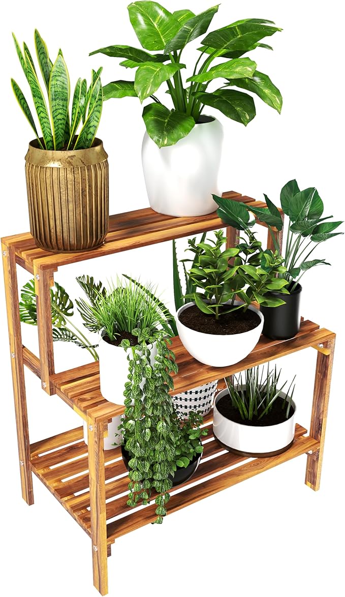 Rustic Acacia Wood Plant Stand, Multi-Tier Indoor Outdoor Corner Display Shelf, Wooden Flower Pot Holder for Home Garden Patio