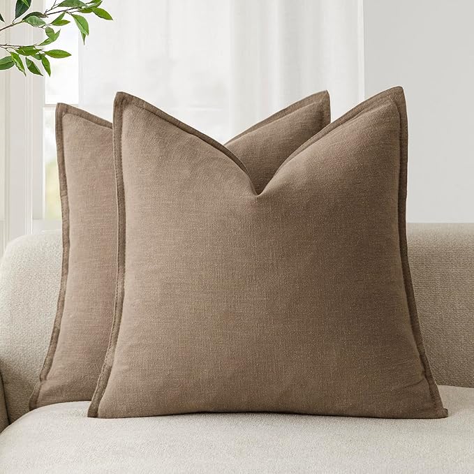 Foindtower Pack of 2, Decorative Linen Soild Throw Pillow Covers Soft Accent Cushion Case Boho Farmhouse Pillowcase for Couch Sofa Bedroom Living Room Home Decor 22 x 22 Inch Light Brown