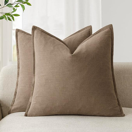 Foindtower Pack of 2, Decorative Linen Soild Throw Pillow Covers Soft Accent Cushion Case Boho Farmhouse Neutral Pillowcase for Chair Couch Sofa Bedroom Living Room Home Decor 24 x 24 Inch Light Brown