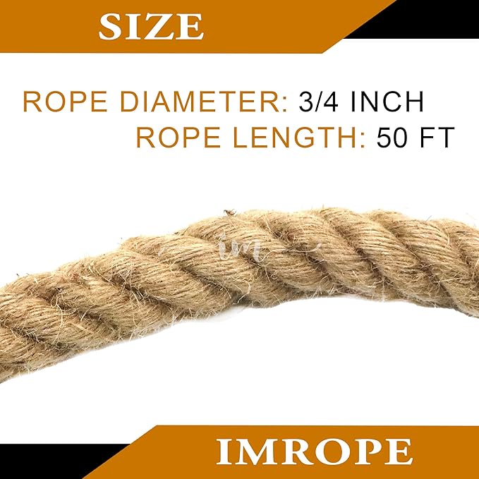 Twisted Jute Rope 3/4 Inch x 50 Ft, IMROPE Natural Jute Rope 4 Strands for DIY Arts Crafts, Garden, Home Decorating, Hammock
