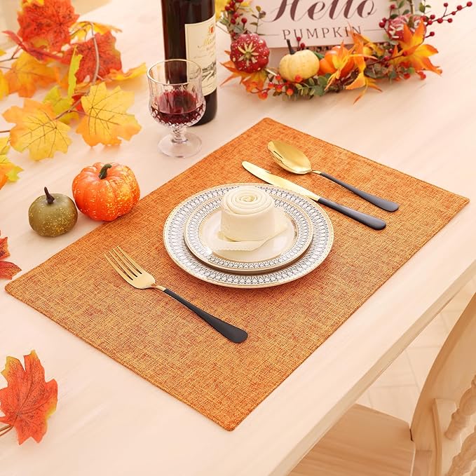 Homaxy Cloths Placemats for Dining Table Set of 6, Heat Resistant Washable Cotton Linen Blend Table Mats, Ideal for Kitchen Party Dining Decoration, 13" x 19", Orange