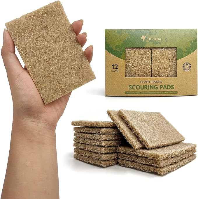 Plant Based Scouring Pads - Pack of 12 Coconut Husk Non Scratch Scrubbing Pads for Dishes - Multipurpose Dish Scrubbers for Cleaning - Heavy Duty Kitchen Scrub Pads for Dishes, Pots and Pans