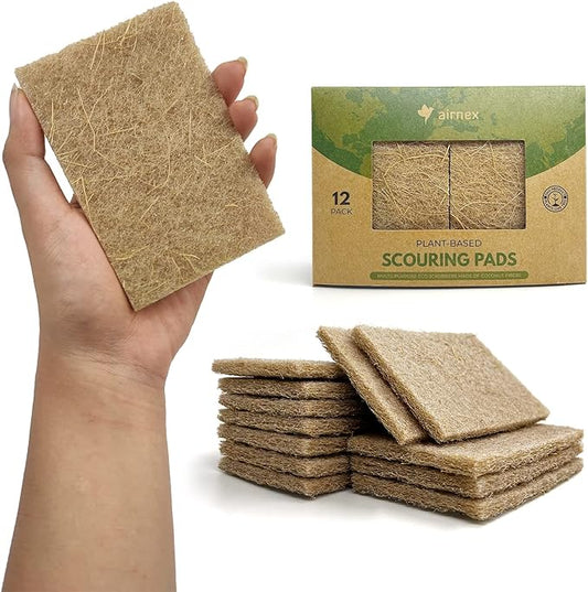 Plant Based Scouring Pads - Pack of 12 Coconut Husk Non Scratch Scrubbing Pads for Dishes - Multipurpose Dish Scrubbers for Cleaning - Heavy Duty Kitchen Scrub Pads for Dishes, Pots and Pans