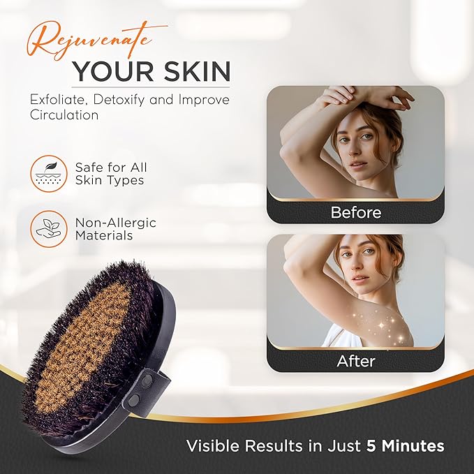 Copper Body Brush - Dry Brushing Body Brush with Ion Charged Copper Bristles, Glowing Skin, Lymphatic Drainage and Blood Circulation Improvement