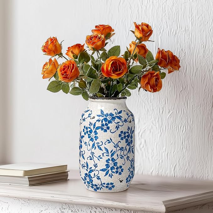 Blue and White Ceramic Vase for Flowers,9 inch Rustic Vintage Chinoiserie Vases Home Decor, Farmhouse Decor, Shelf, Living Room, Bedroom, Table Decoration