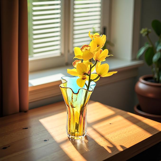 8.5" Blown Glass Vase for Flowers, Modern Ombre Glass Vase for Home Decor, Flower Vases Decorative | Table Centerpiece, Olive Plant, Wedding, Living Room, Bookshelf, Office, Entryway