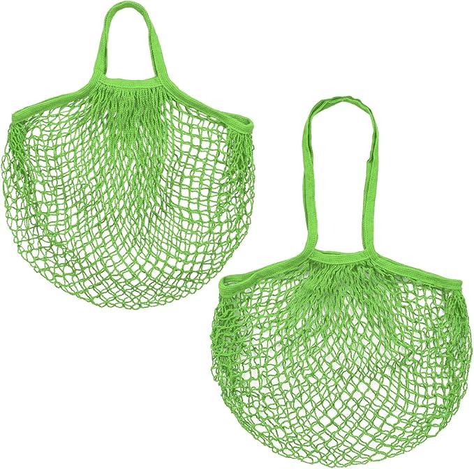 2-Pack Cotton Mesh Bag, Reusable Washable Mesh Net String Grocery Bags, Reusable Produce Bags with Handle, Net Tote Bag for Fruits/Vegetables Shopping [Green, Long&Short Handle]