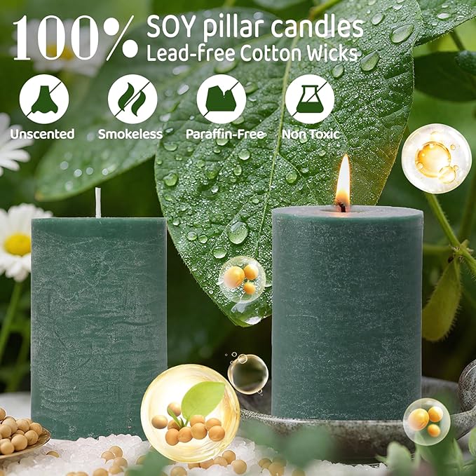 6 Pack Soy Green Pillar Candles,Natural Soybean Pillar Candles,55 H Long Burning,Unscented,Dripless and Smokeless Green Hand-poured Candles Dinner Table for Christmas,Wedding,Rustic Home Decor 2.8x4in