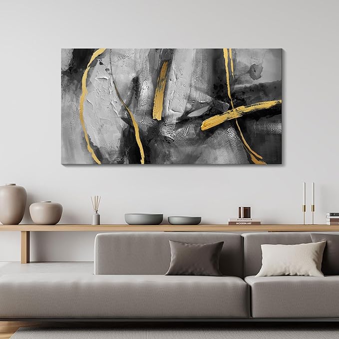 Large Canvas Wall Art Decor - Abstract Black and Gray Wall Pictures Living Room Hand-Painted Dream Painting Golden Canvas Prints as Bedroom Kitchen Dining Room Cafe Home Decor 24X48 In